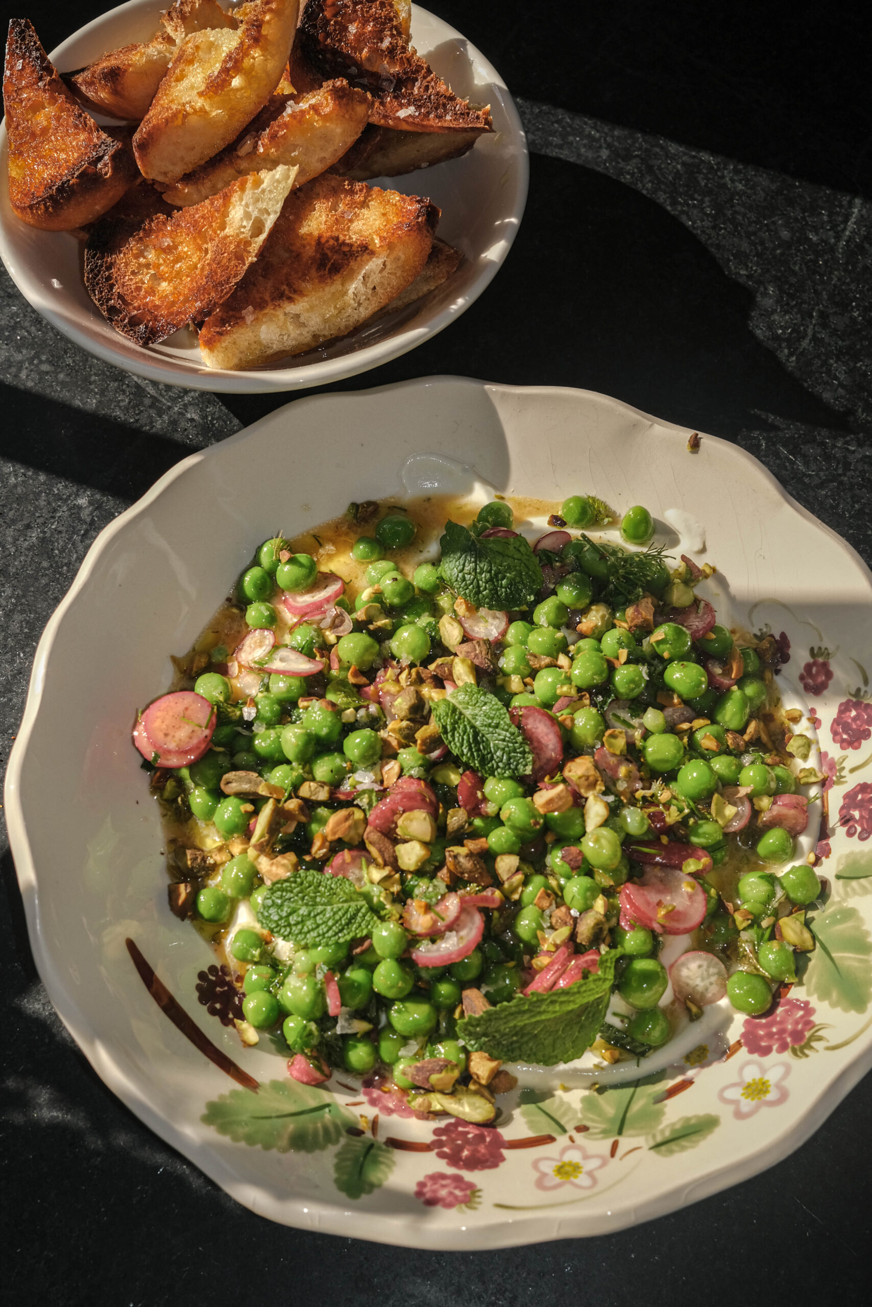 Spring Pea Salad with Whipped Ricotta and Crostini