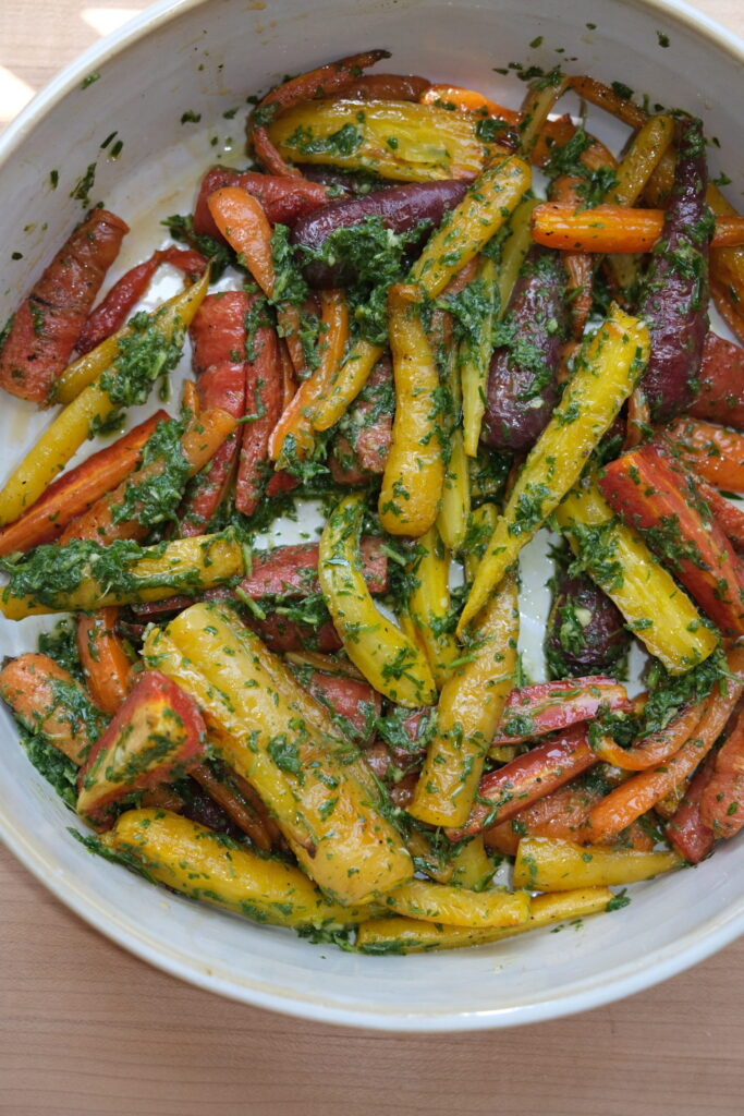 Roasted Rainbow Carrots with Carrot Top Salsa Verde