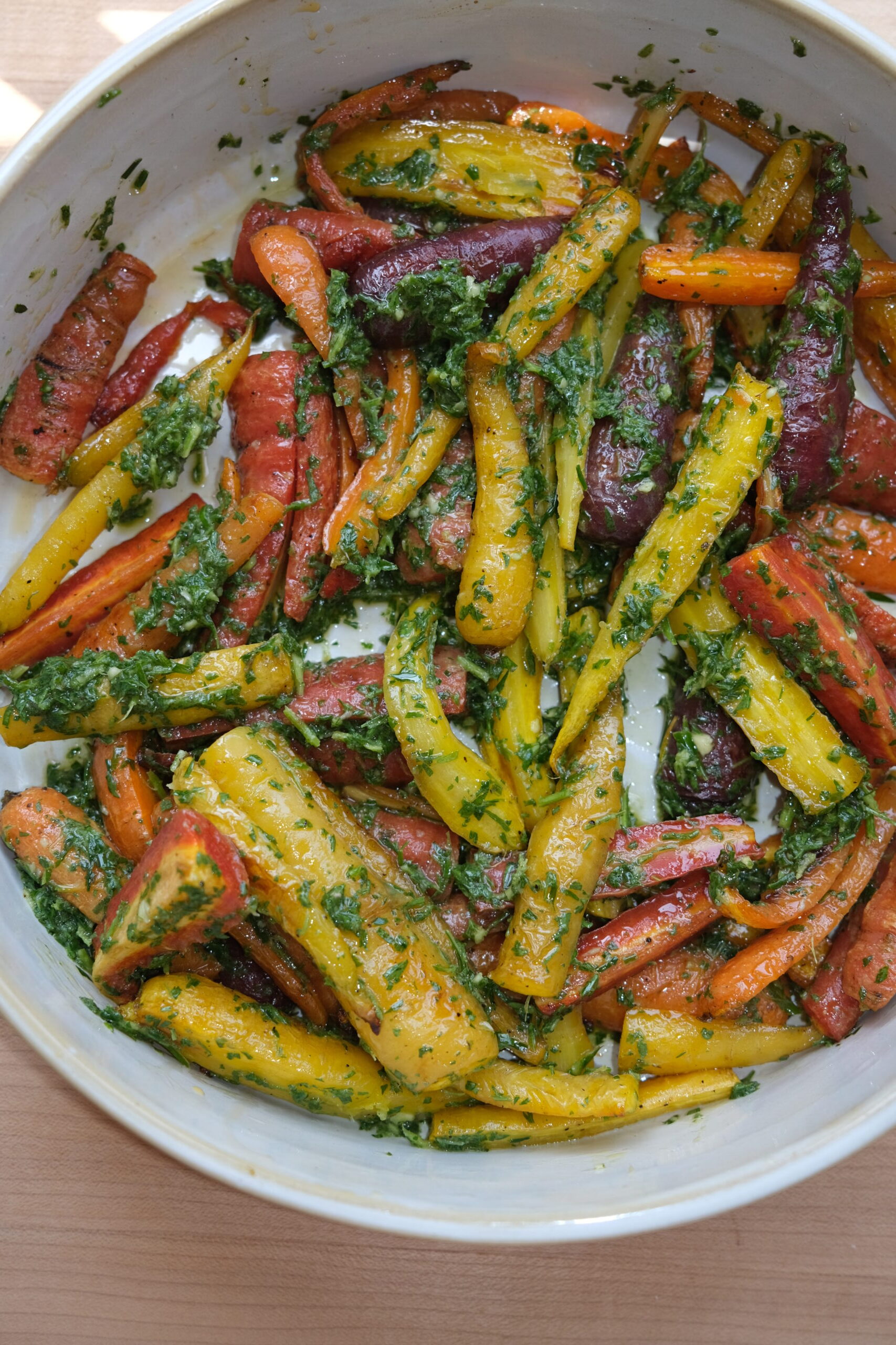 Roasted Rainbow Carrots with Carrot Top Salsa Verde