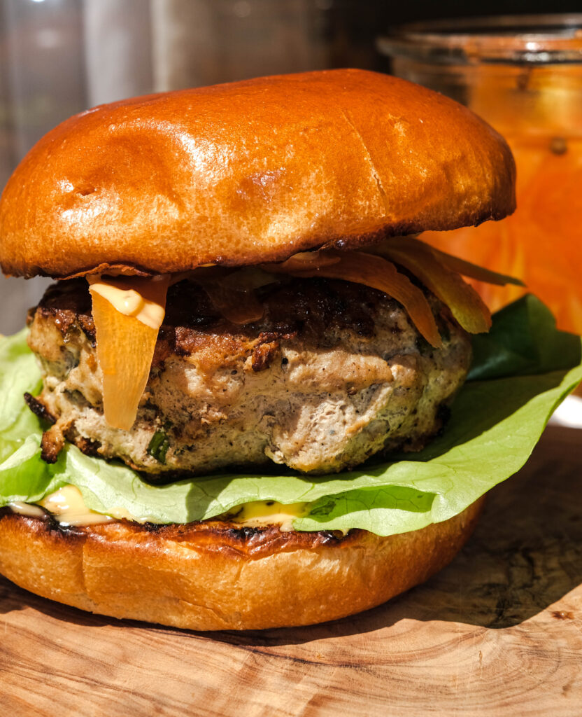 Basil Turkey Burgers with Quick-Pickled Carrot Ribbons