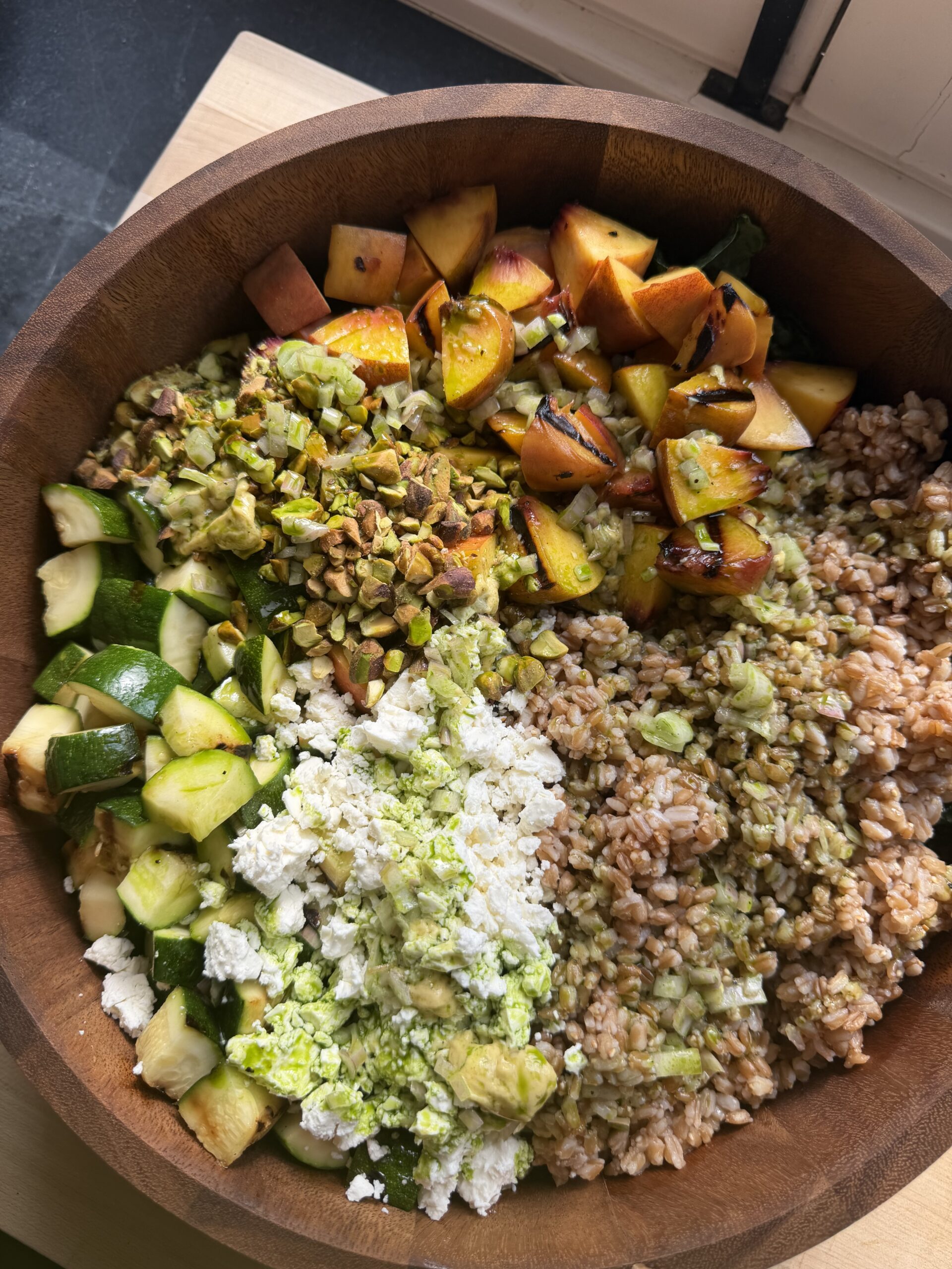 Grilled Zucchini & Peach Farro Salad with Basil Oil Vinaigrette