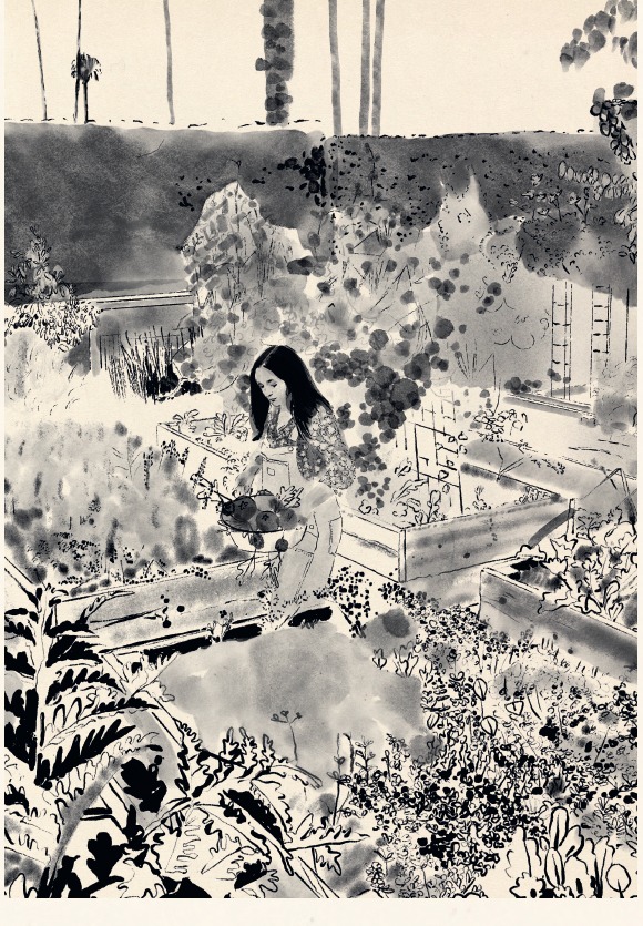 Ink and watercolor illustration of Carmen in her garden, by Nick Perr